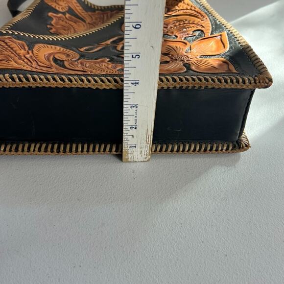 Vintage Handbag Handmade Black & Brown Leather Hand Tooled Floral - Picture 10 of 16